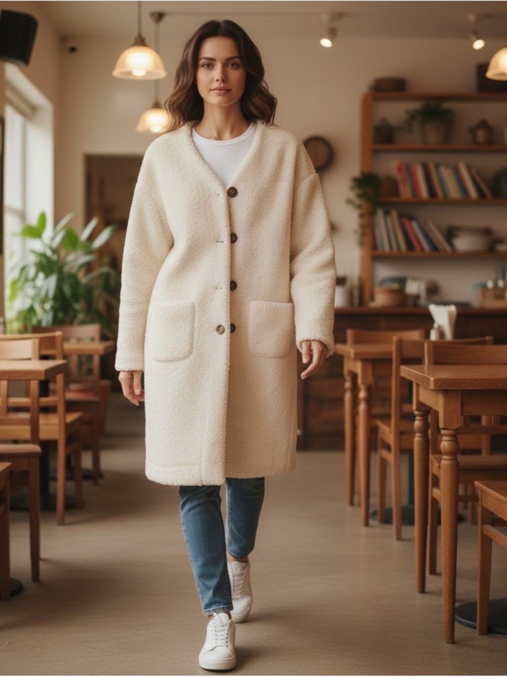 Women's Cream Teddy Button-Front Coat